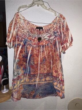 Bila Multicolor Paisley Peasant Top with Accent Button